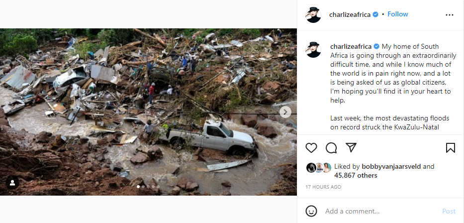 Flood devastation in Kwazulu-Natal (Photo: Instagram/Charlize Theron)