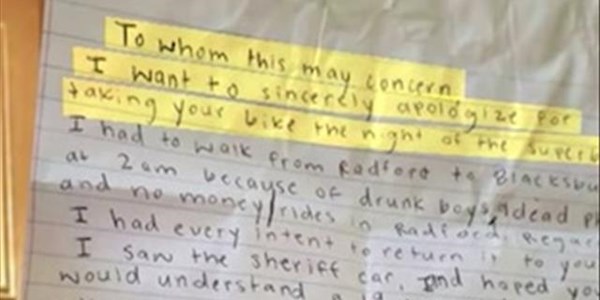 Afternoon Delight: Dangerous bicycle thief leaves note to victim.  | News Article